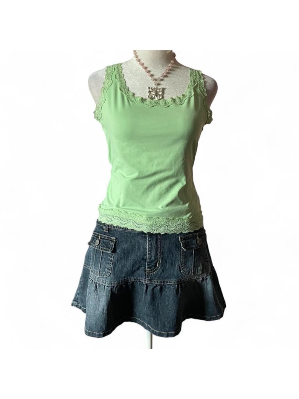 Whimsical green tank top with lacy trim and dainty sequin details